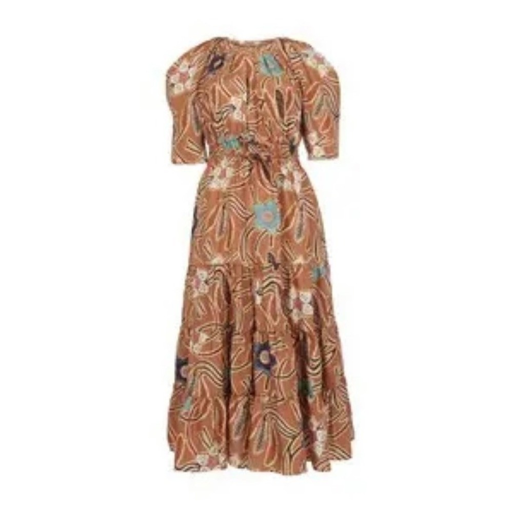 Ulla Johnson Zeenat Silk‎ Floral Batik Tiered Midi Dress Puff Sleeve Copper Sz 4 - Picture 5 of 12